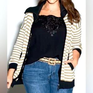 Cabi Mascot Cardigan Small Tan Black Classic Stripe Cozy Stretch Oversized Fall
